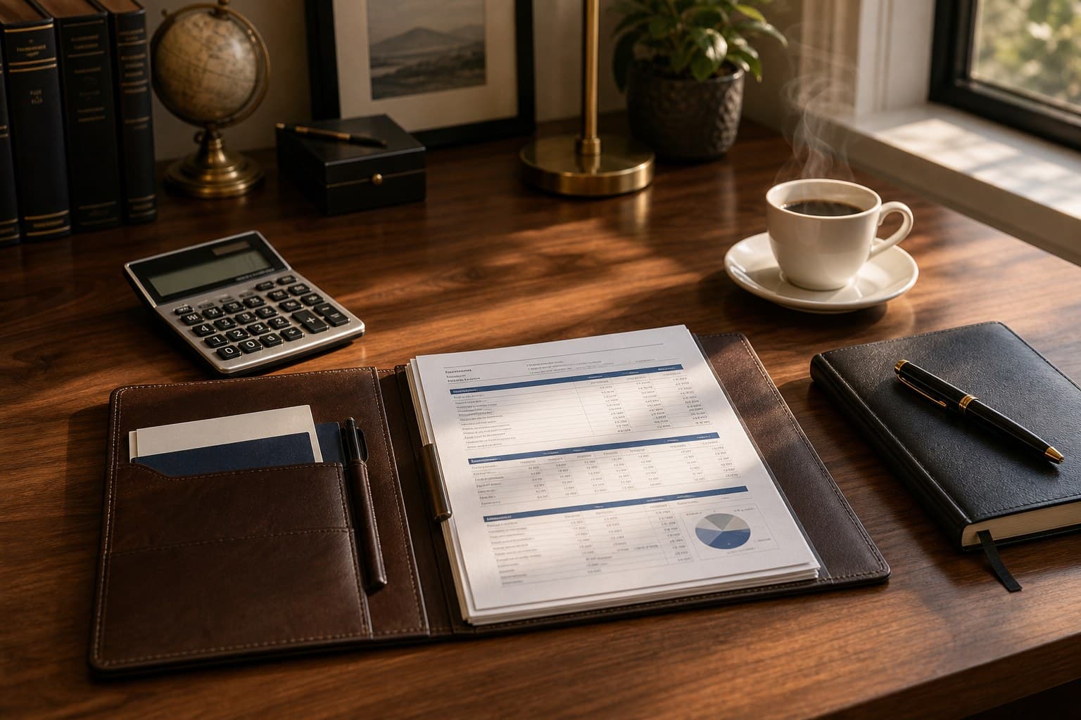 Financial advisor's desk with tax planning documents, calculator, and pen