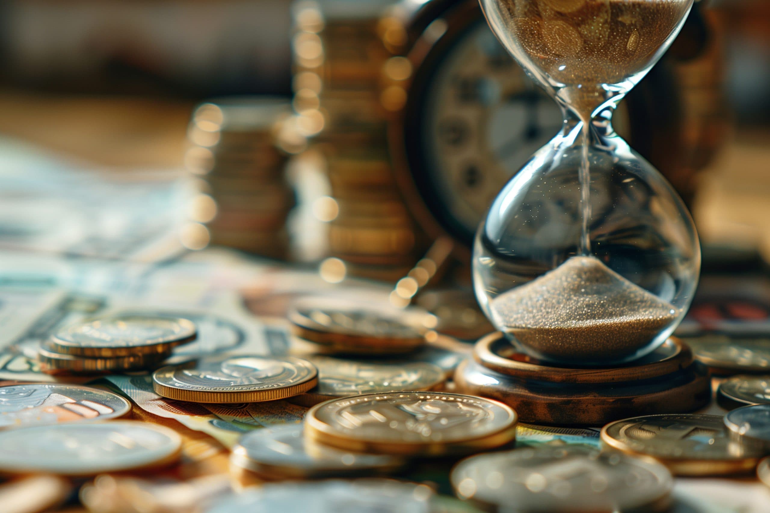 Hourglass on coins representing the importance of time in wealth protection